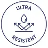 'Ultra Resistant' Siegel mit Symbol eines Wassertropfens über drei nach oben gerichteten Pfeilen, innerhalb eines Kreises.