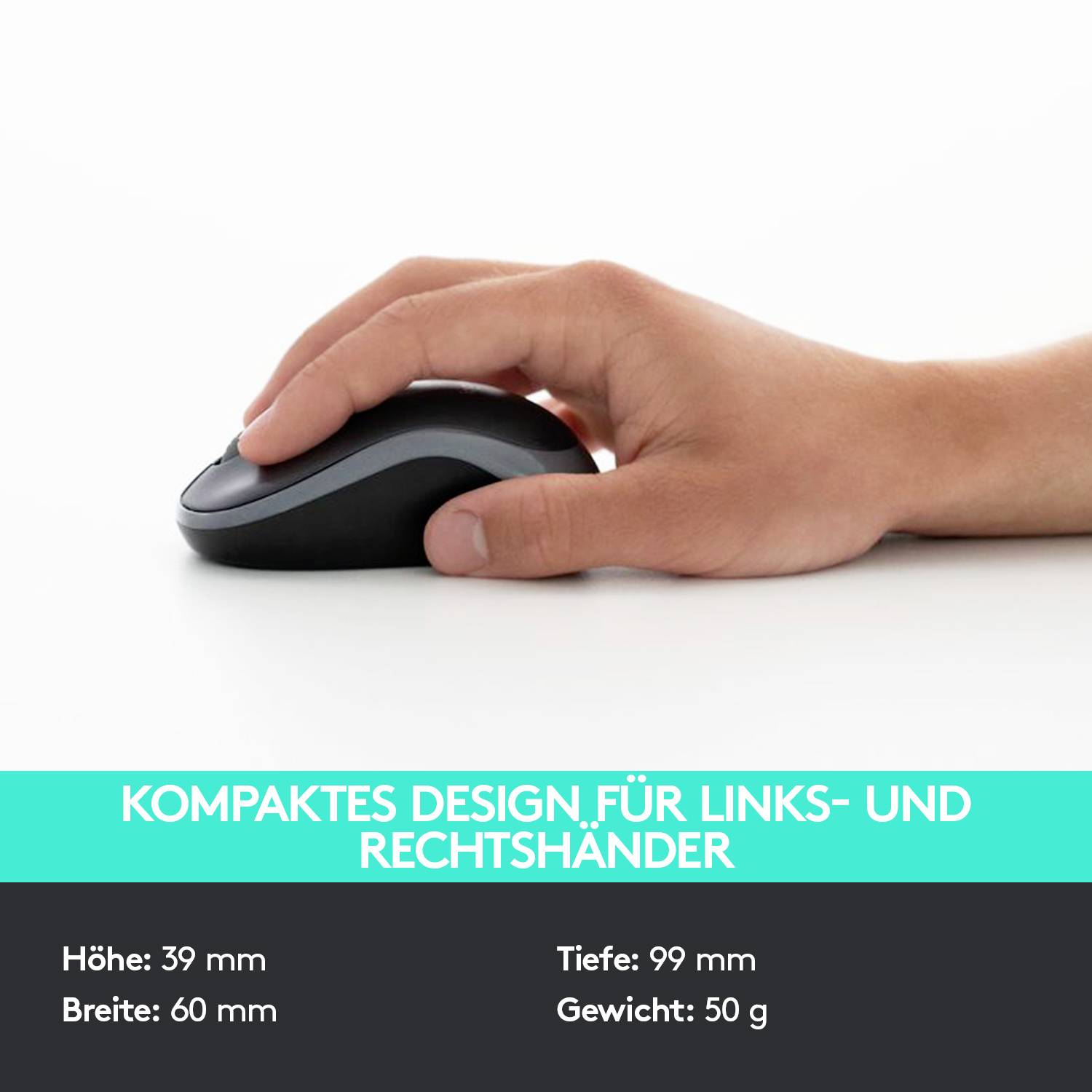 Eine Hand hält eine schwarze Computermaus. Unten stehen Spezifikationen: 'Höhe: 39 mm', 'Breite: 60 mm', 'Tiefe: 99 mm', 'Gewicht: 50 g'.
