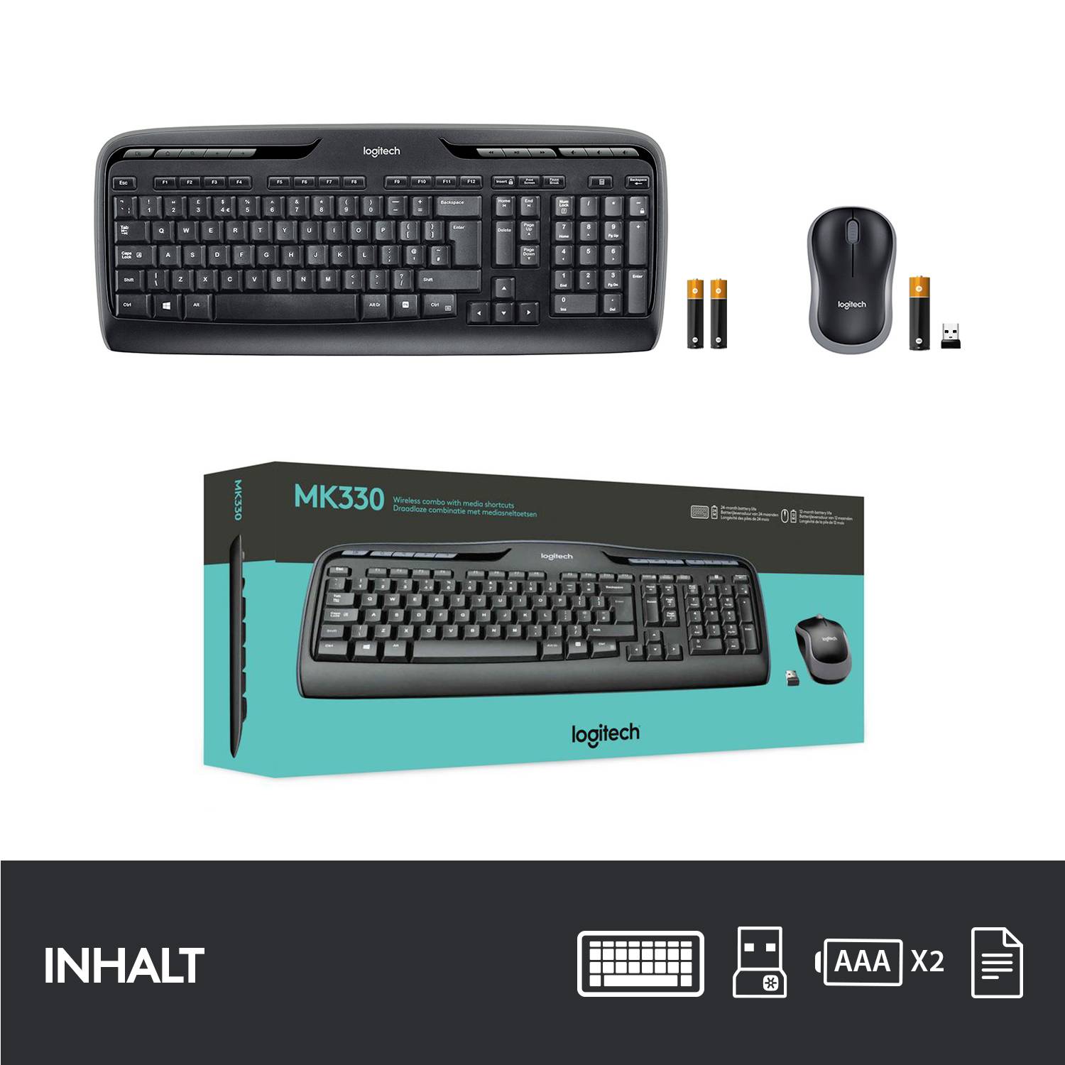 Kabellose Logitech MK330 Tastatur und Maus mit Batterien und USB-Empfänger, abgebildet mit Verpackung und Inhaltsübersicht.
