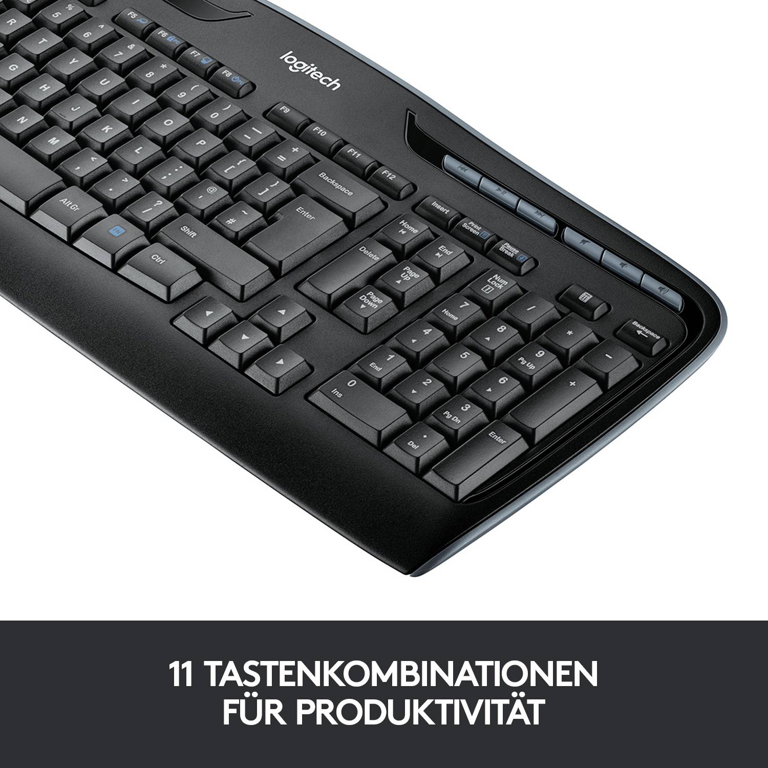 Schwarze Logitech-Tastatur mit abgerundeten Kanten, enthält 11 Sondertasten für erhöhte Produktivität.