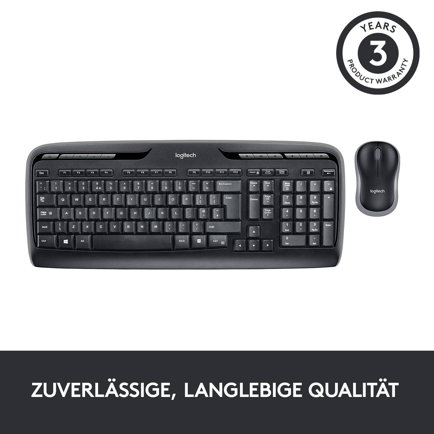 Tastatur und Maus von Logitech mit drei Jahren Garantie; Text 'ZUVERLÄSSIGE, LANGLEBIGE QUALITÄT'.