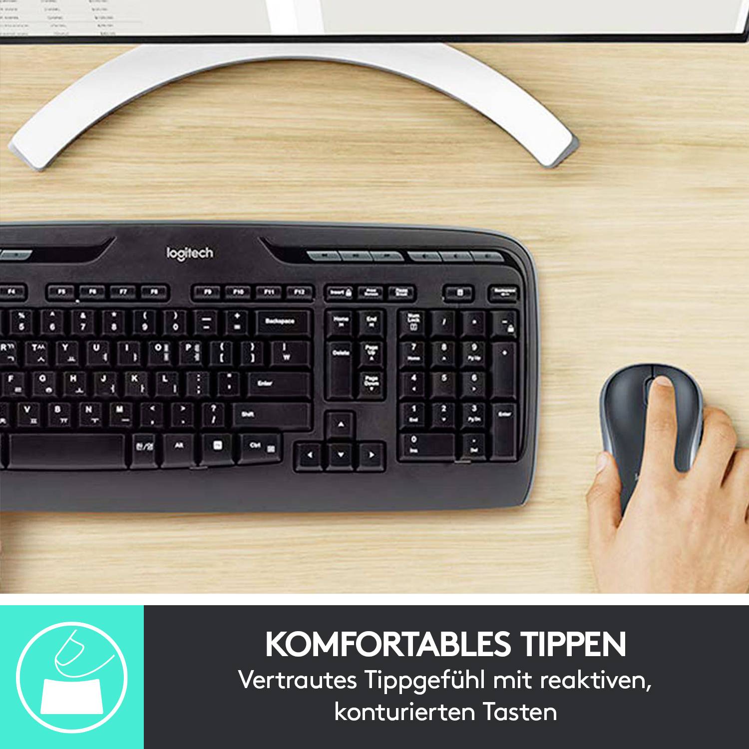 Eine Person tippt auf einer schwarzen Tastatur neben einer Computermaus. Text darunter: 'Komfortables Tippen - Vertrautes Tippgefühl mit reaktiven, konturierten Tasten.'
