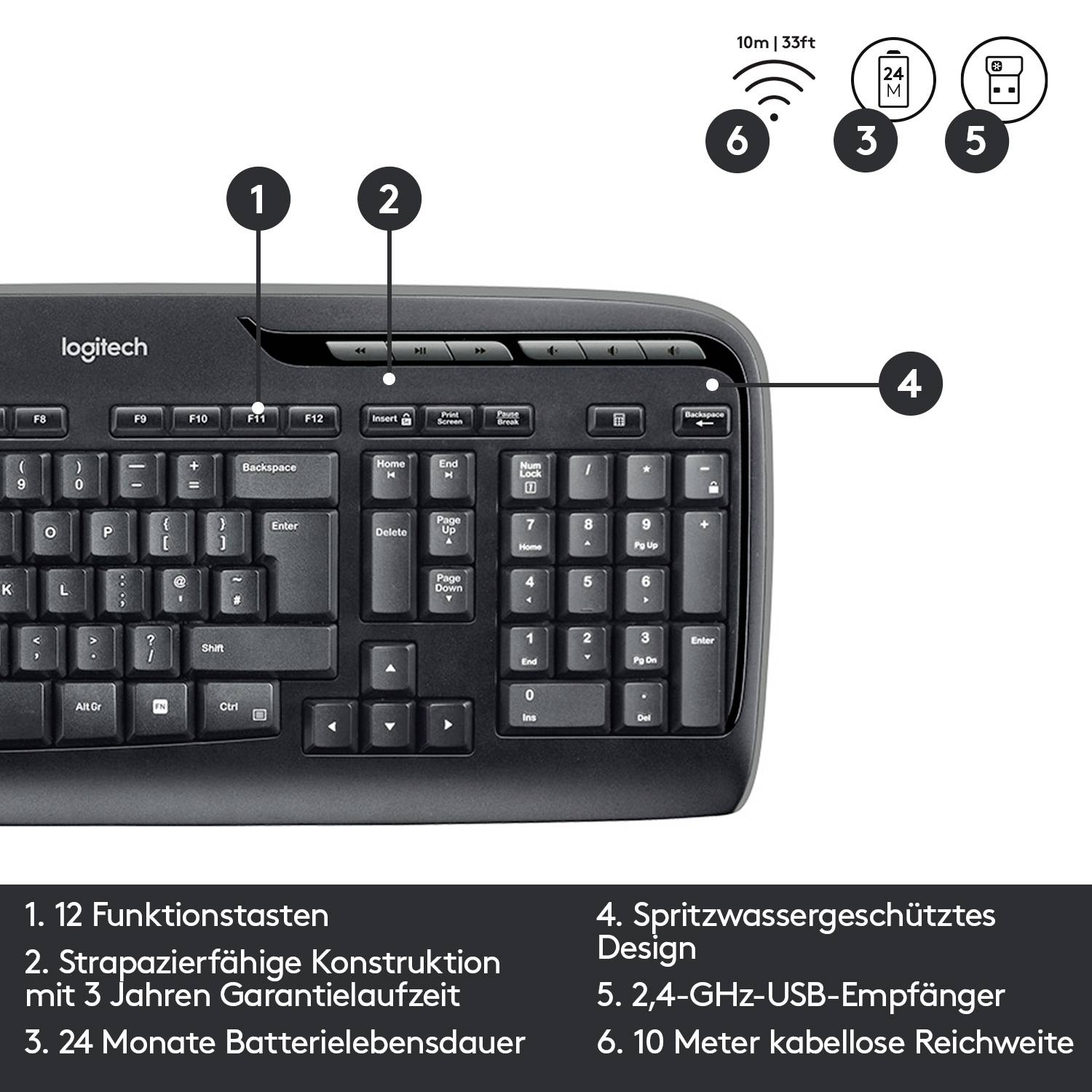 Schwarze Logitech-Tastatur mit Beschriftungen: 12 Funktionstasten, spritzwassergeschützt, 3 Jahre Garantie, 24 Monate Batterielaufzeit, 10m kabellose Reichweite.