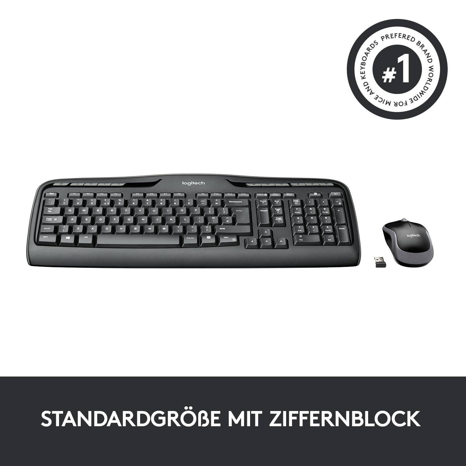 Eine schwarze kabellose Tastatur und Maus von Logitech, mit einem kleinen USB-Empfänger. Text: 'Standardgröße mit Ziffernblock'.