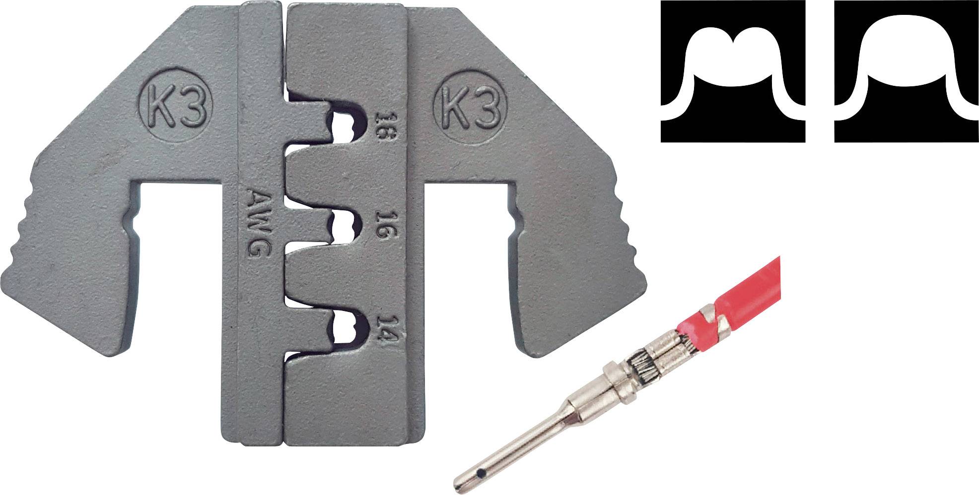'Mehrzweckklemme K3' mit Drahtschneide- und Abisolierfunktionen, geeignet für AWG 14-18 Drähte. Zeigt Schlitz-Design und rote Drahtverbindung.