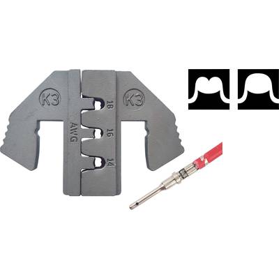 'Mehrzweckklemme K3' mit Drahtschneide- und Abisolierfunktionen, geeignet für AWG 14-18 Drähte. Zeigt Schlitz-Design und rote Drahtverbindung.