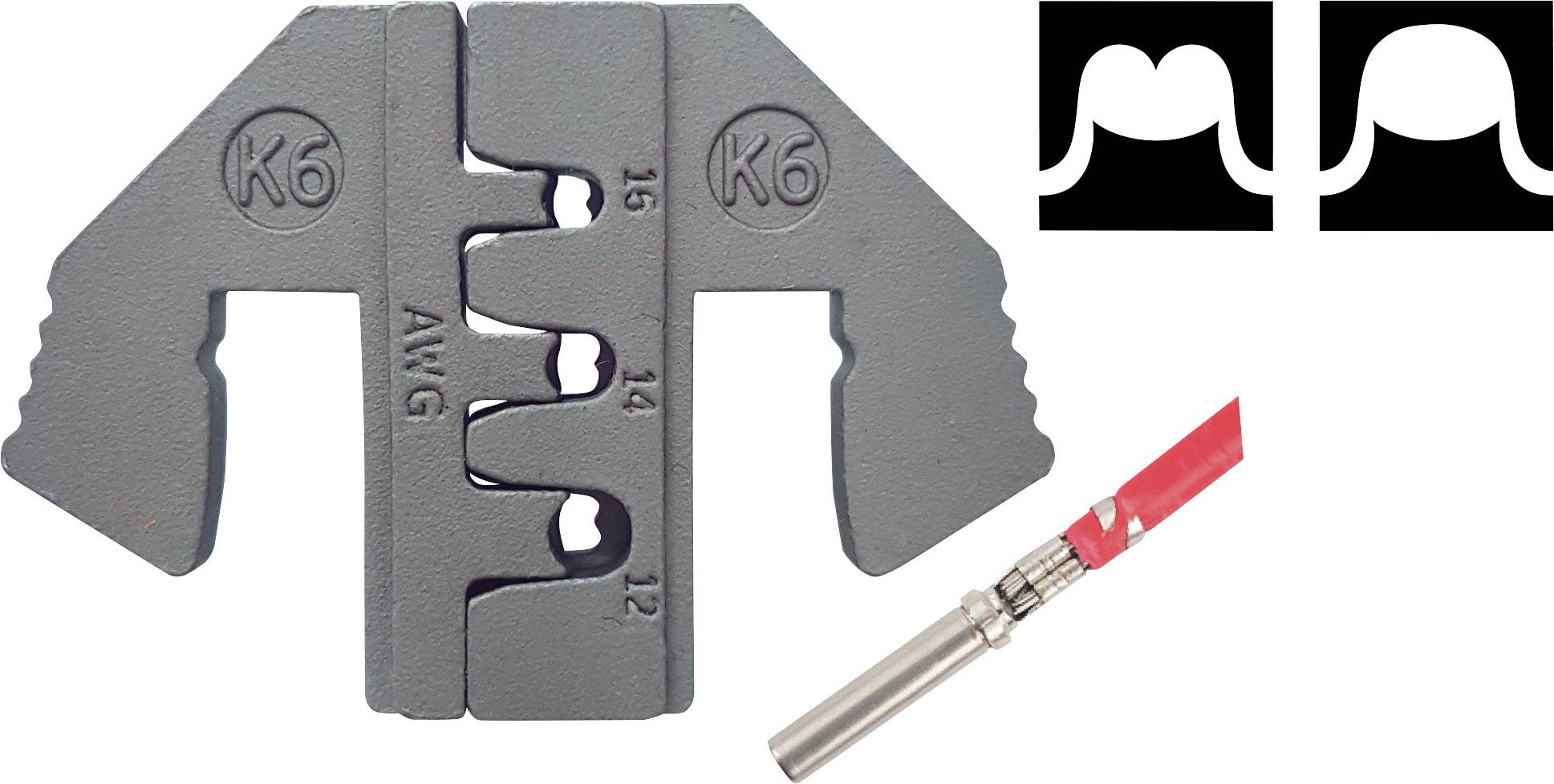 'Crimpzange K6 für Kabelgrößen 12-16 AWG. Abgebildet sind zwei Crimpzangen-Teile auf schwarzem Hintergrund mit Verbindungselement.'