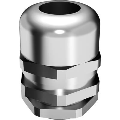 Ein silberner Kabelverschraubung aus Metall, zylindrische Form mit sechseckigem Muster im unteren Bereich.