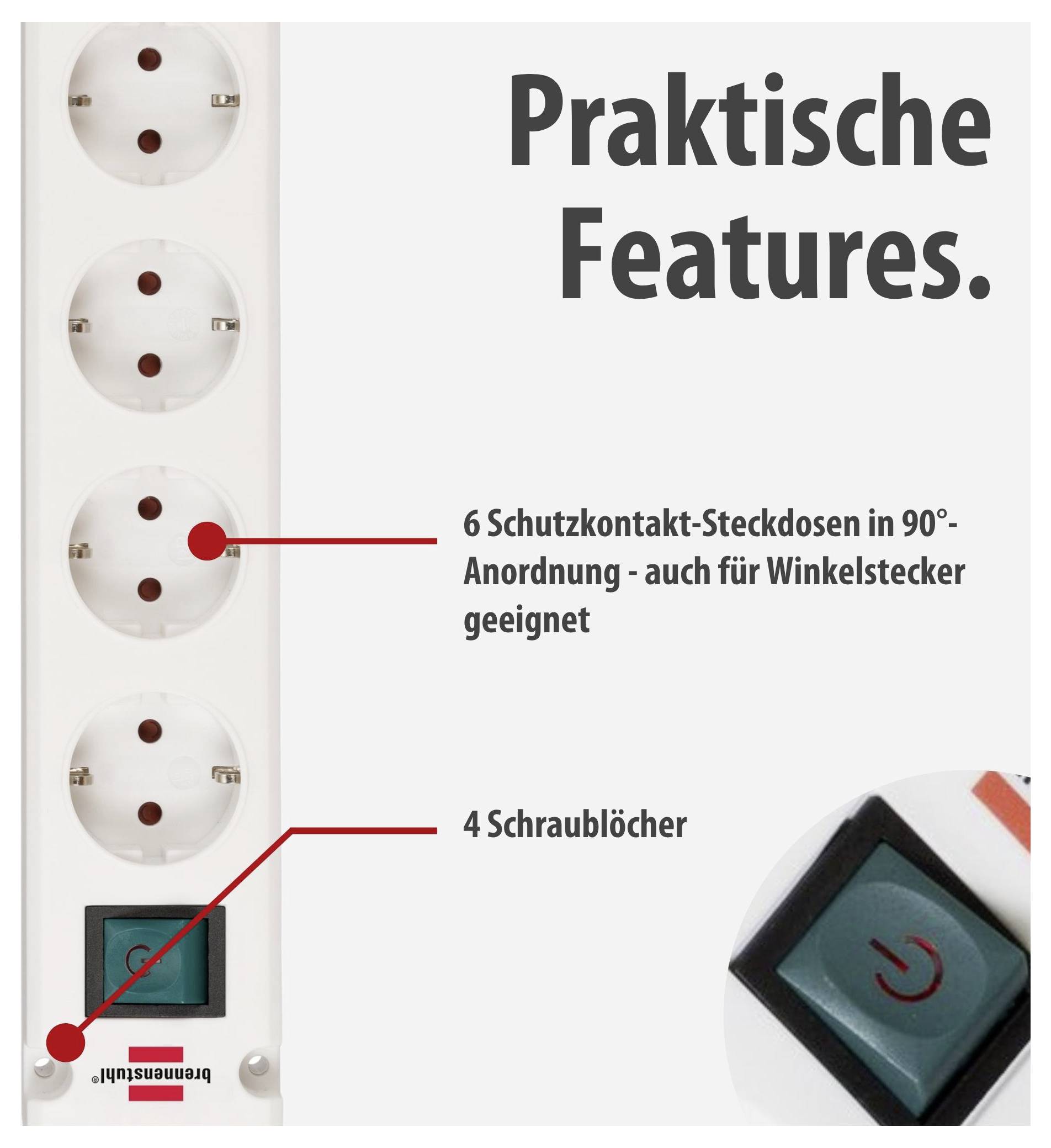 Produktgrafik einer Steckdosenleiste mit der Überschrift 'Praktische Features': 6 Schutzkontakt-Steckdosen in 90°-Anordnung, 4 Schraublöcher und beleuchteter Ein-/Ausschalter.