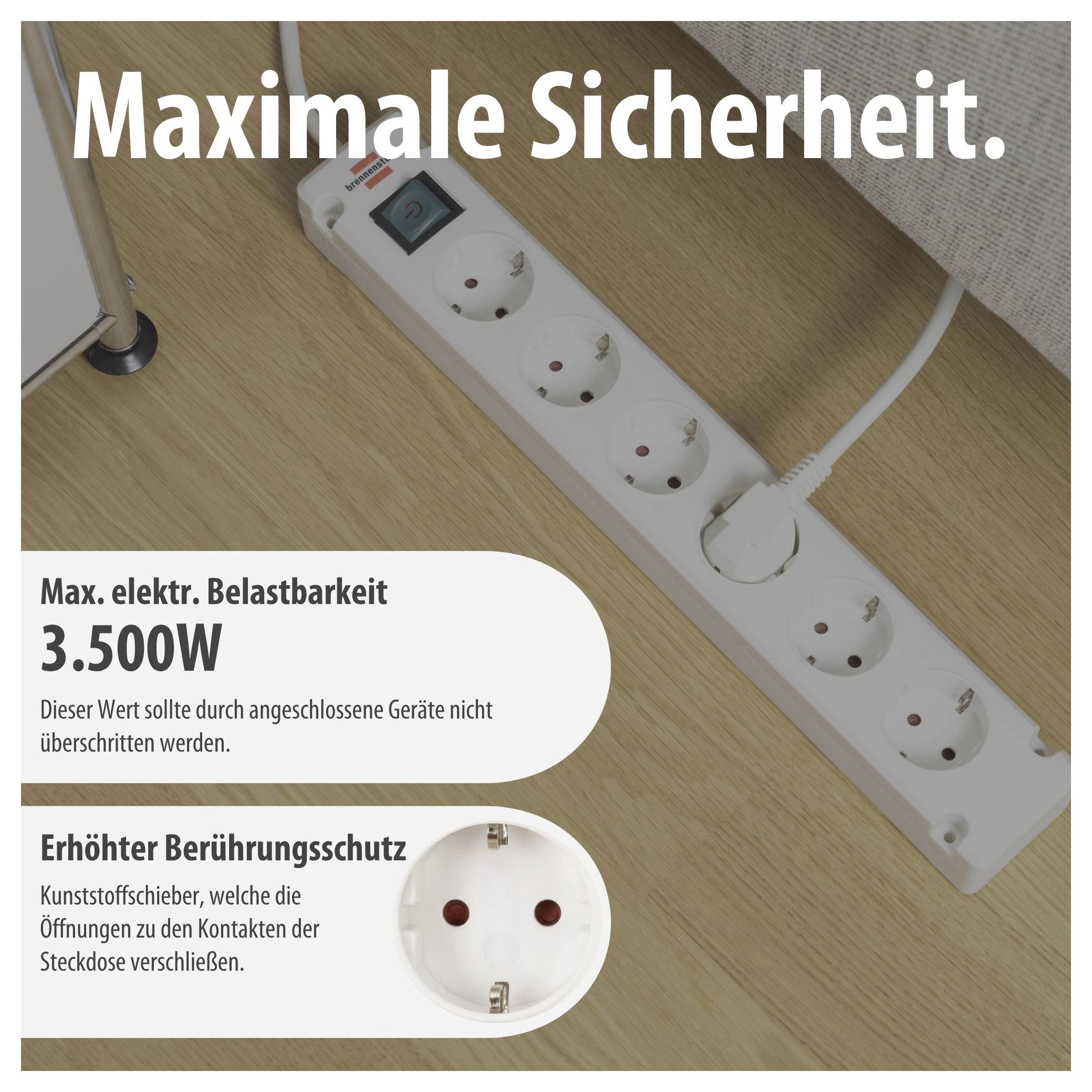 Werbung für eine Steckdosenleiste mit 'Maximale Sicherheit', 3.500 W Belastbarkeit und erhöhtem Berührungsschutz durch Kunststoffschieber.
