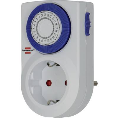 Weißer Stecker-Mechanischer Timer mit blauem 24-Stunden-Zifferblatt und geerdeter Steckdose zum Planen der Geräte-Stromversorgung.