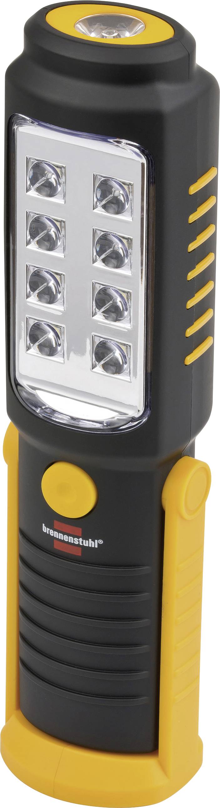 Schwarz-gelbe tragbare LED-Arbeitsleuchte mit acht vorderen LEDs, oberer Lampe, seitlichen Lichtindikatoren und großem Netzschalter.