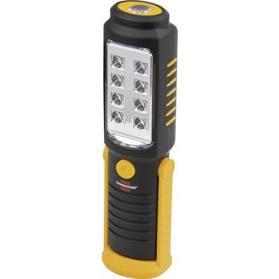 Schwarz-gelbe tragbare LED-Arbeitsleuchte mit acht vorderen LEDs, oberer Lampe, seitlichen Lichtindikatoren und großem Netzschalter.