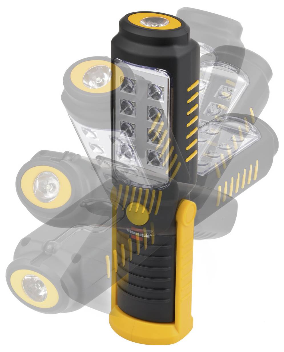 Schwarz-gelbe tragbare Arbeitsleuchte mit LED-Paneelen, dargestellt in mehreren durchscheinenden gedrehten Positionen, um das verstellbare Schwenkdesign zu veranschaulichen.