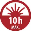 Rotes kreisförmiges Warnsymbol mit einer Sonne und der Aufschrift „10h MAX." als Hinweis auf maximale 10 Stunden Sonneneinstrahlung.