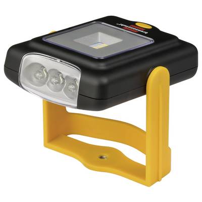 Schwarzbare tragbare LED-Arbeitsleuchte mit drei vorderen LEDs und einem gelben verstellbaren Ständer auf weißem Hintergrund