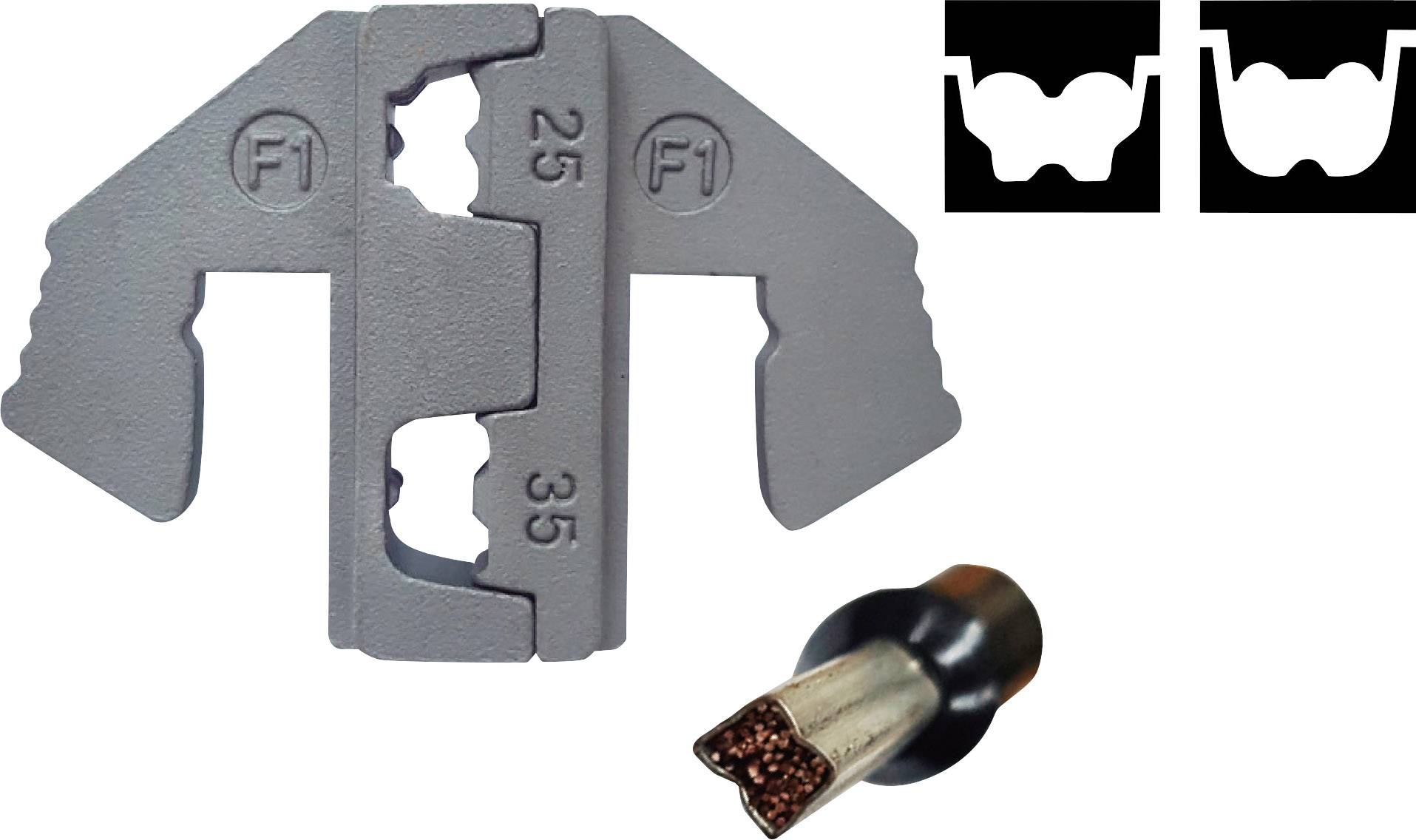 'Crimpzange mit zwei Löchern markiert mit 25 und 35, Kupferkabelspitze und Querschnittsdiagramm der Crimpverbindung.'
