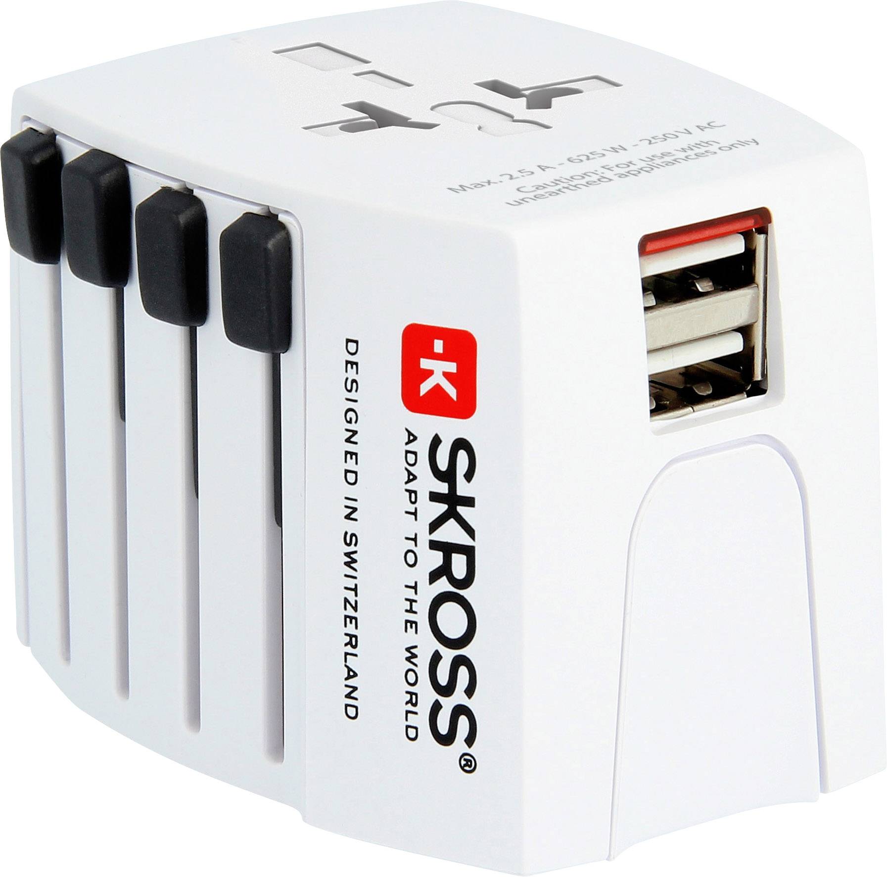 Universalreiseadapter mit SKROSS-Logo, vier USB-Anschlüssen und mehreren ausziehbaren Steckertypen. Designed in Switzerland.