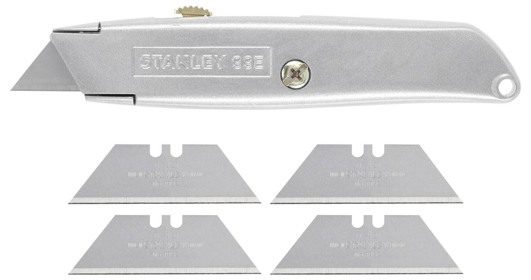 Ein silbernes Universalmesser mit einer herausstehenden Klinge, darunter vier Ersatzklingen.