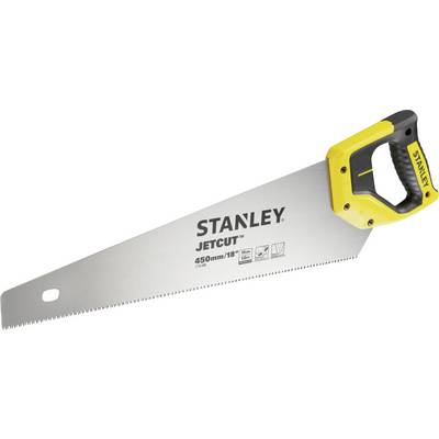 Handsäge mit gelbem Griff und der Aufschrift 'STANLEY JETCUT, 450 mm/18'''.