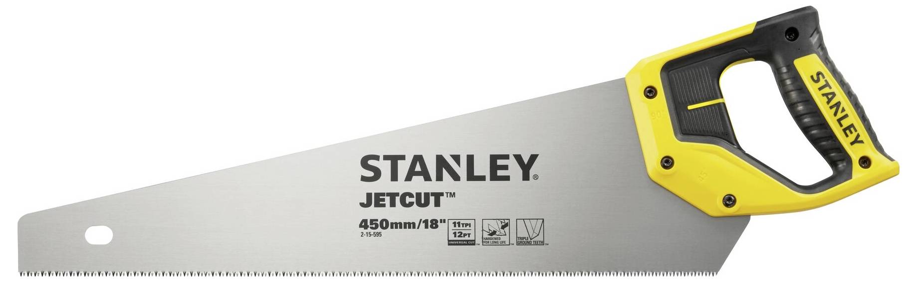 Handsäge mit gelbem Griff und schwarzem Stoßschutz. Auf der Klinge steht 'STANLEY JETCUT 450mm/18"'.
