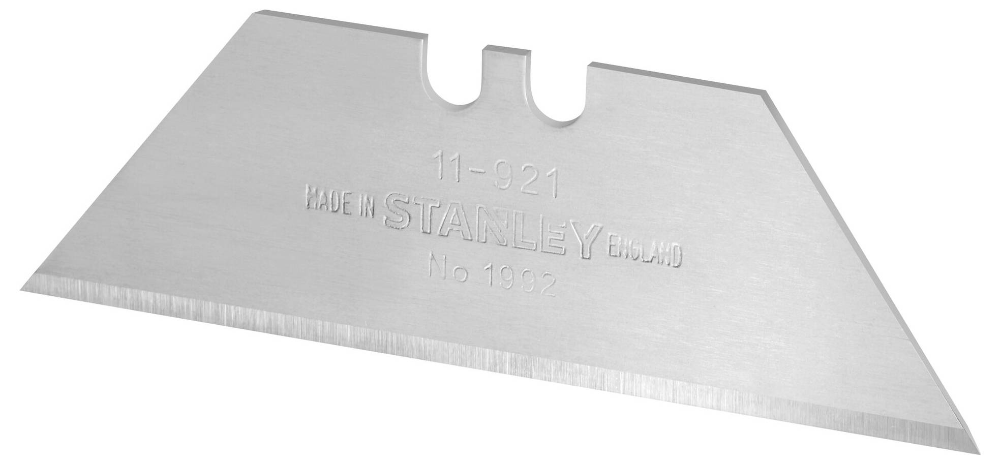 Ein Ersatzmesser für ein Schneidwerkzeug, trapezförmig mit einer scharfen, geraden Schneide und geprägtem Text 'STANLEY'.