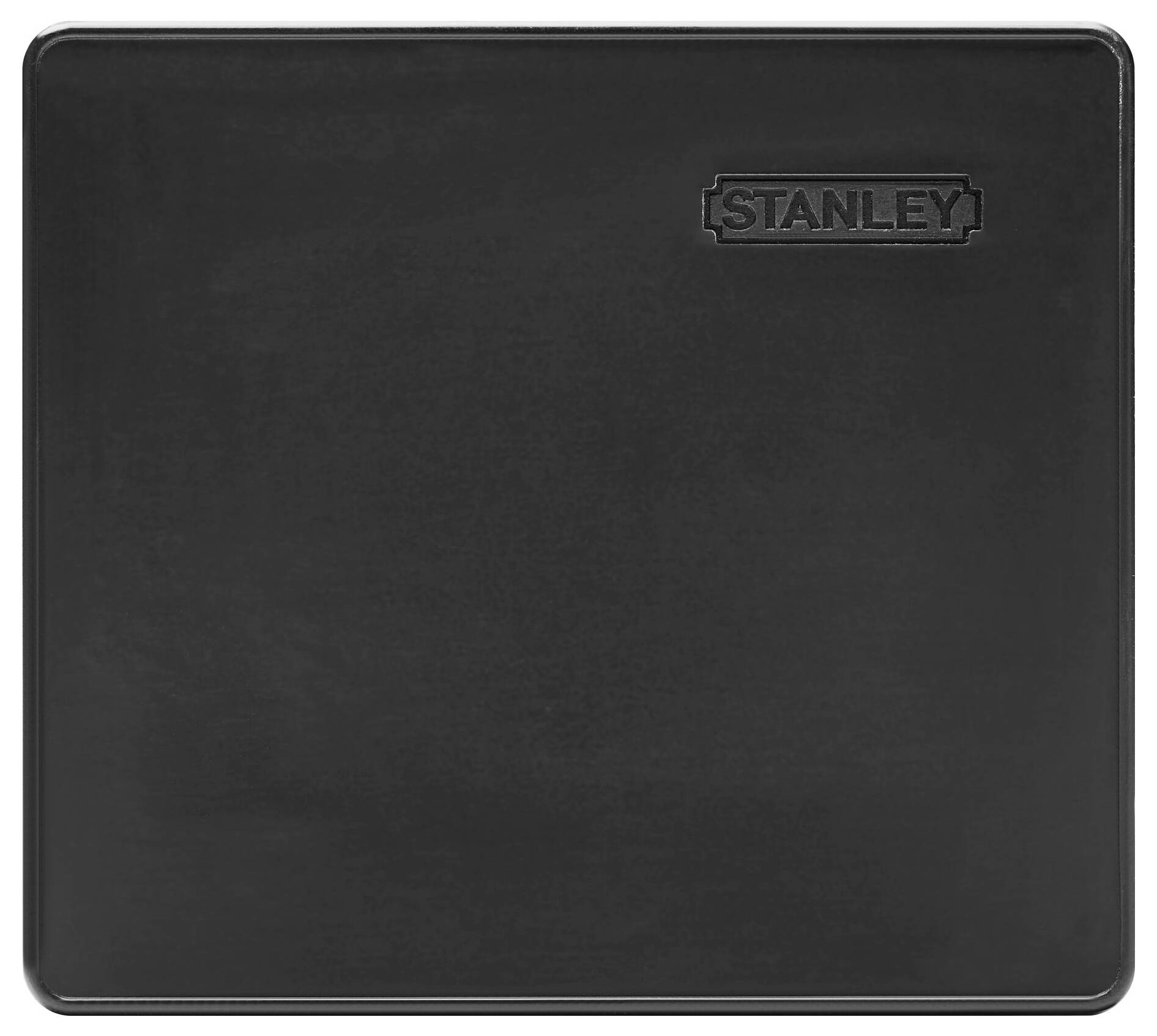 Schwarzes Kunststofftablett mit eingeprägtem Schriftzug 'Stanley' in der oberen rechten Ecke.