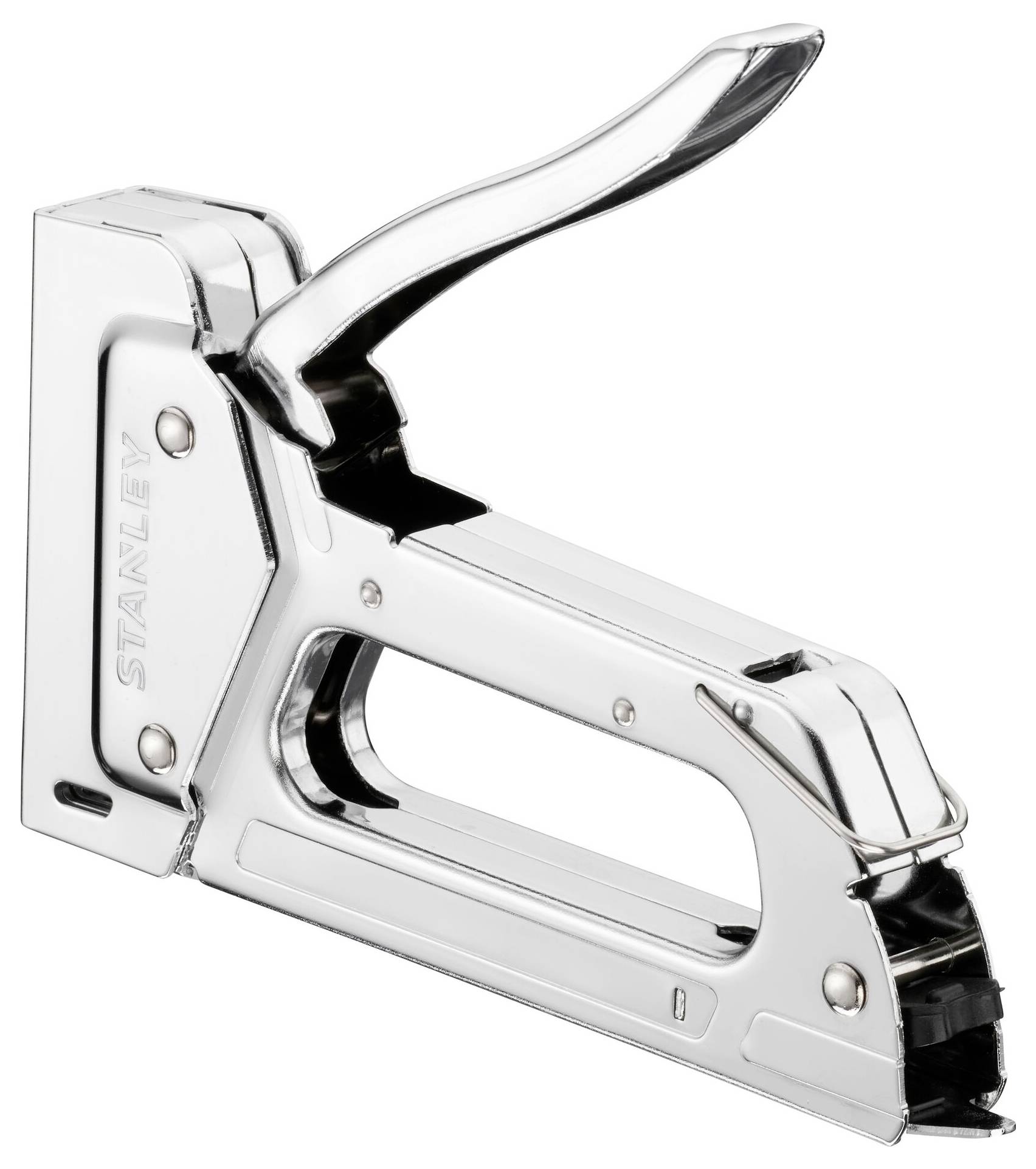 Handtacker aus Metall, silberfarben, mit ergonomischem Griff. Geignet zum Befestigen von Stoffen oder Papier auf Holzoberflächen.