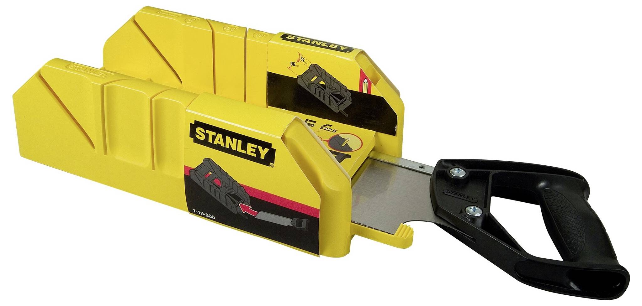 Gelbe Gehrungslade von Stanley mit Handsäge. Eignet sich zum Schneiden präziser Winkel in Holz. Enthält Markenlogo und Abbildungen.