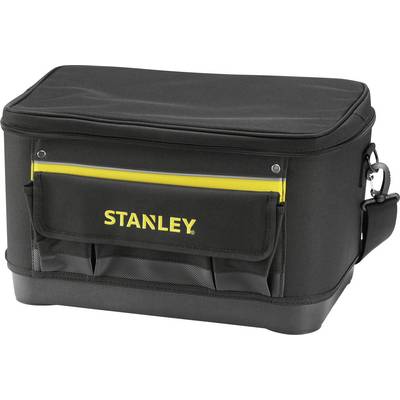 Schwarze Werkzeugtasche mit gelber Stanley-Logoaufschrift und mehreren Fächern.