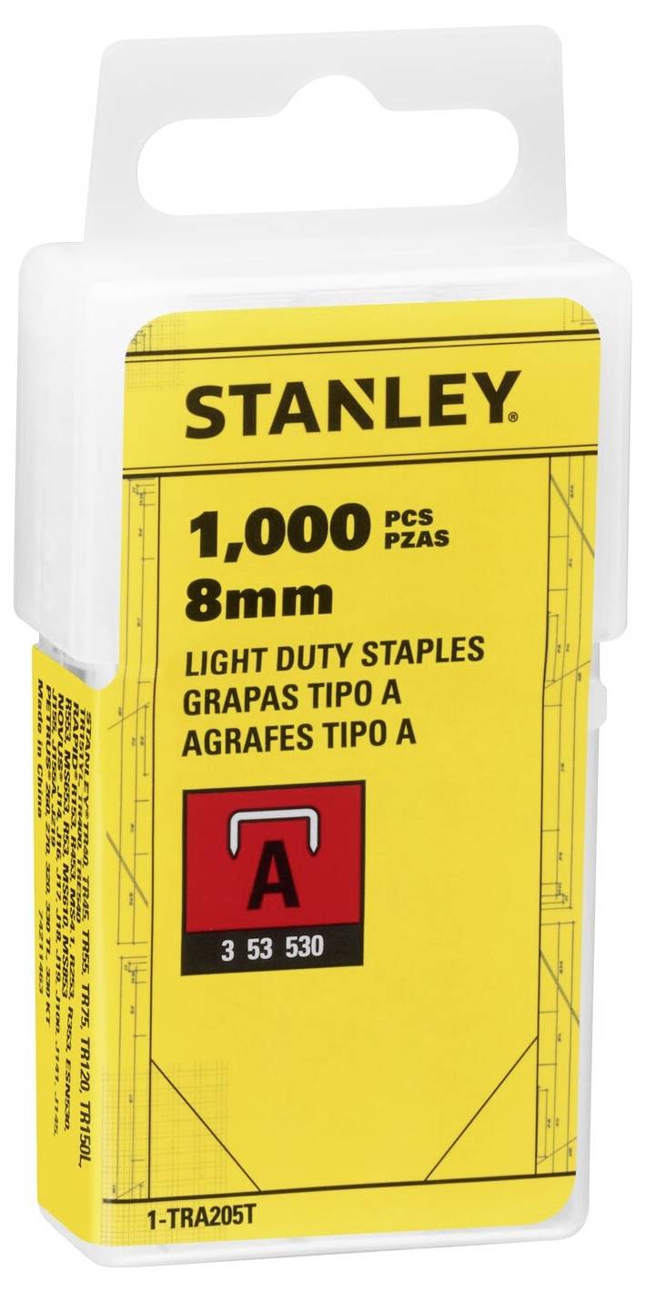 Eine Verpackung mit 1.000 leichten Heftklammern der Marke Stanley, Größe 8 mm, Typ A. Enthält Beschreibungen auf Englisch und Spanisch.