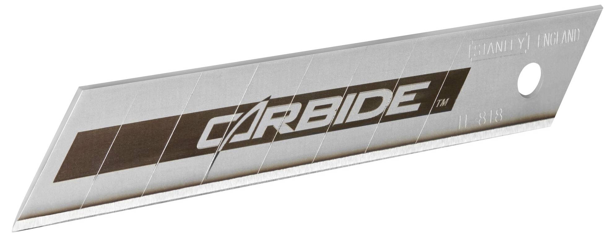 Ein silbernes Trapezklingenmesser mit der Aufschrift 'Carbide', diagonal positioniert.