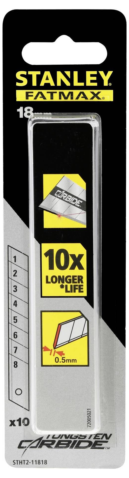 'Stanley Fatmax 18 mm' Klingenpackung mit Grafik einer schrägen Klinge und Text '10x längere Lebensdauer', Maße und Stückzahl x10.