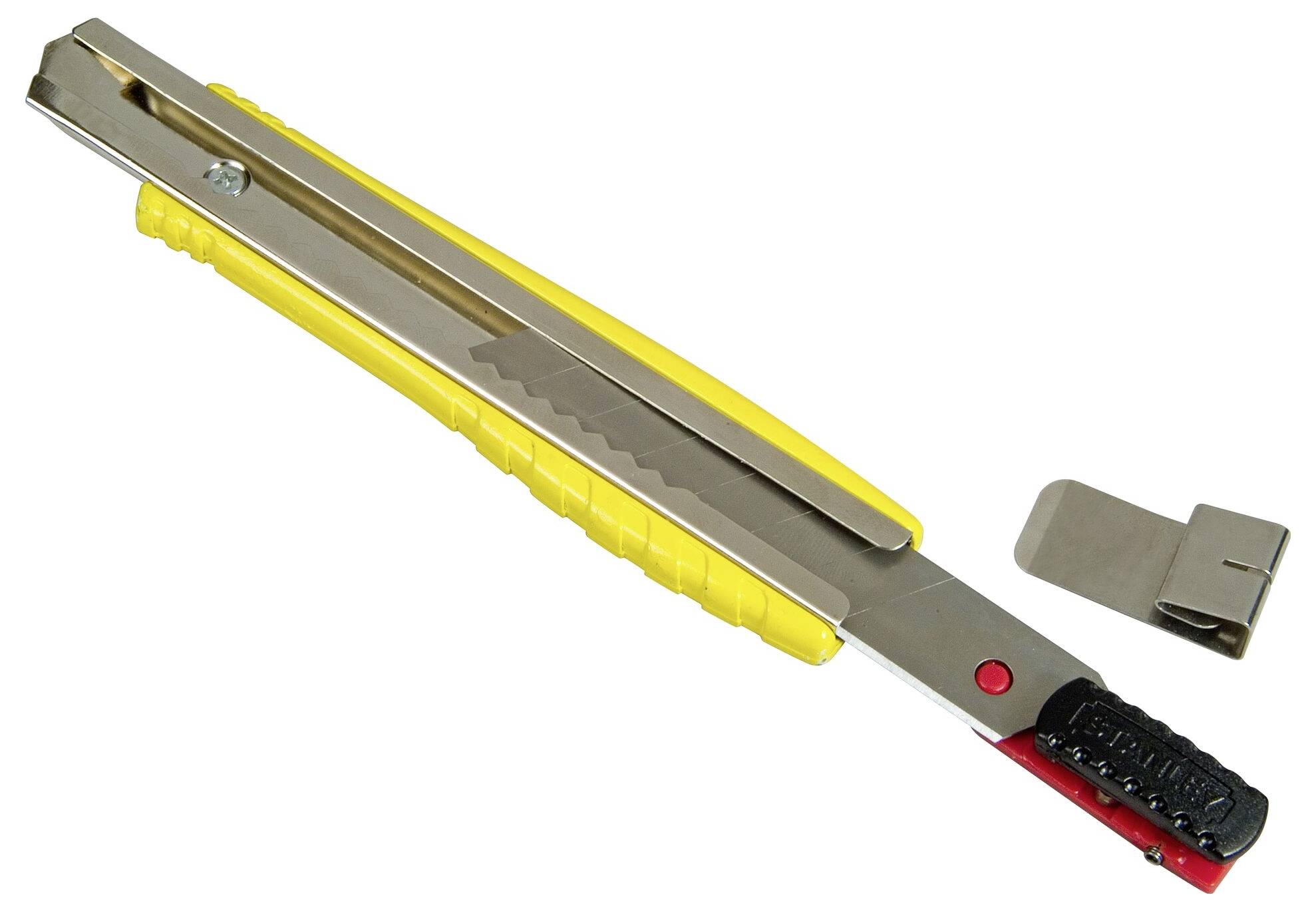 Ein gelber und roter Türkantenheber zum Einziehen von Dichtungsgummi, mit einem abnehmbaren Metallclip daneben.