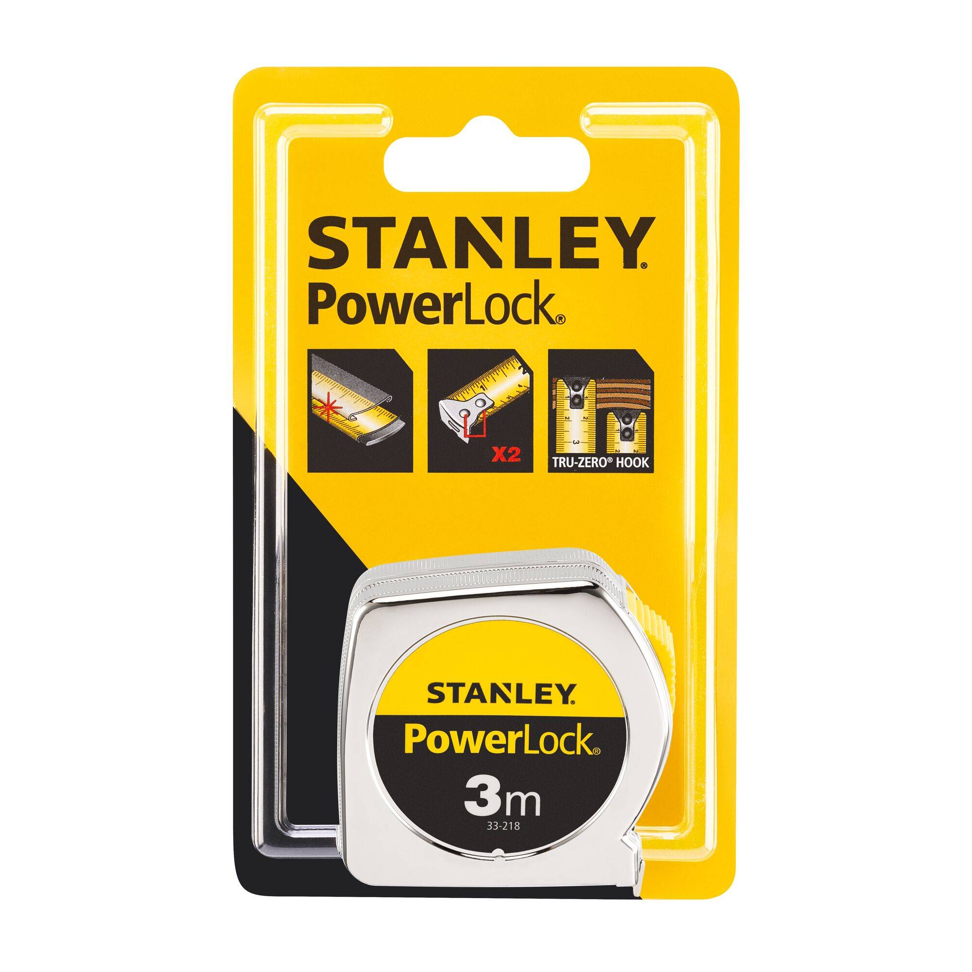 Verpackung eines 3-Meter-Maßbandes der Marke Stanley PowerLock, mit gelbem und schwarzem Design und einer Abbildung des Maßbands.