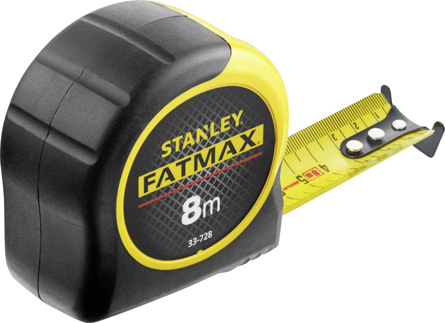 Ein gelbes und schwarzes Maßband von 'Stanley Fatmax', ausgezogen auf 8 Meter, zeigt Markierungen in Zentimetern.
