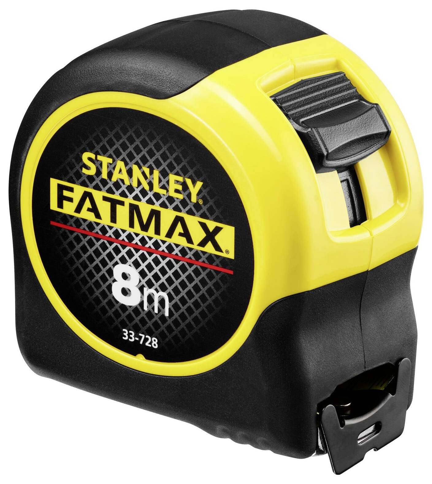 Das Bild zeigt ein gelbes und schwarzes Maßband der Marke 'Stanley Fatmax', ausgelegt für eine Länge von 8 Metern.