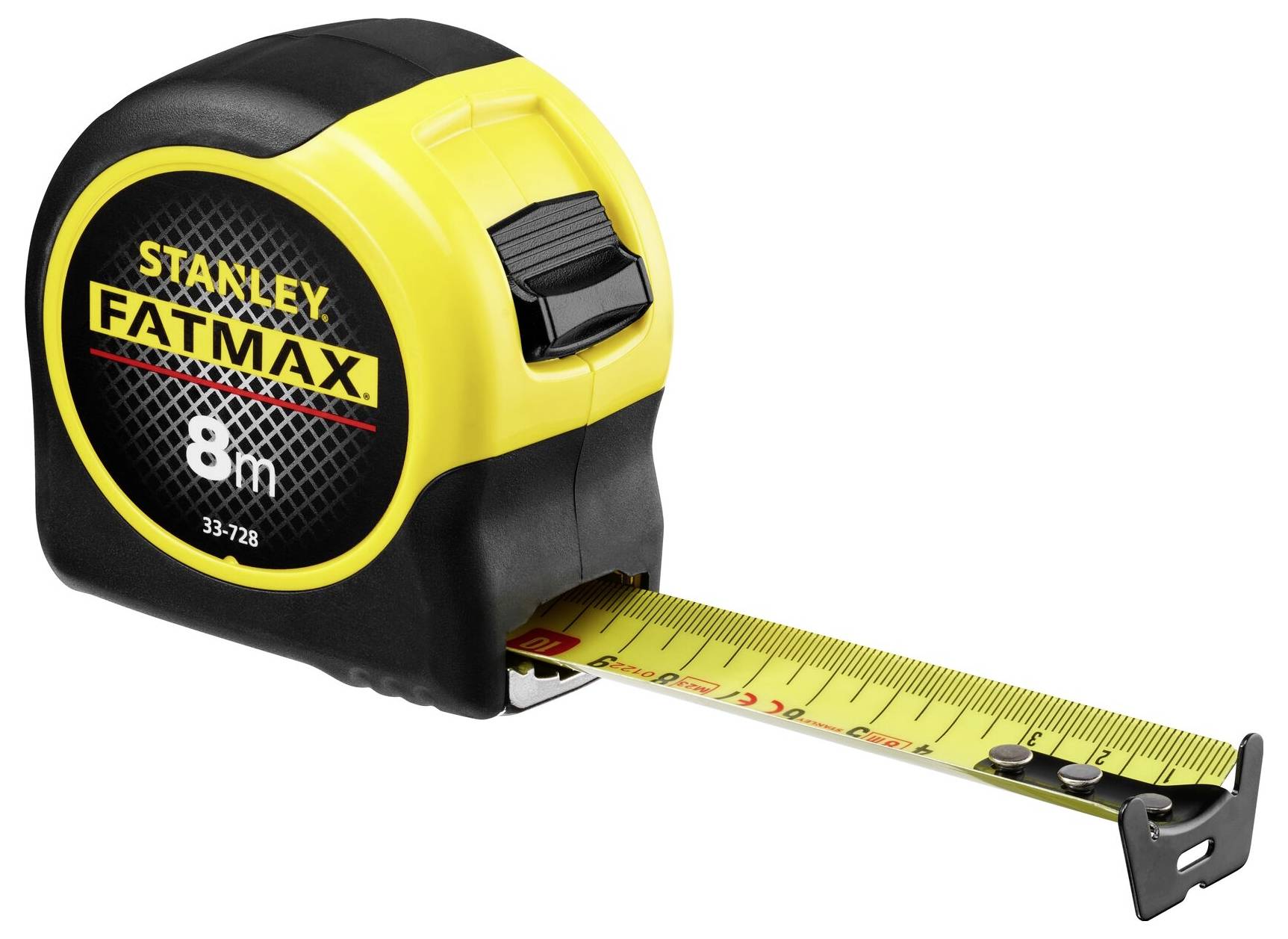 Ein gelbes Maßband mit der Aufschrift 'Stanley Fatmax 8m'. Das Band ist teilweise ausgezogen und zeigt Zentimetermarkierungen.