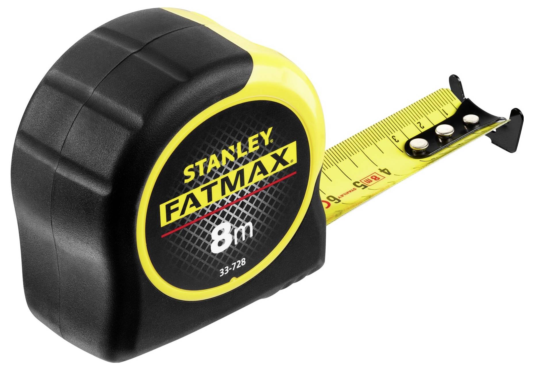 Schwarz-gelbes Maßband, aufgewickelt, mit der Aufschrift 'Stanley FatMax 8m'. Das Band ist teilweise ausgezogen.