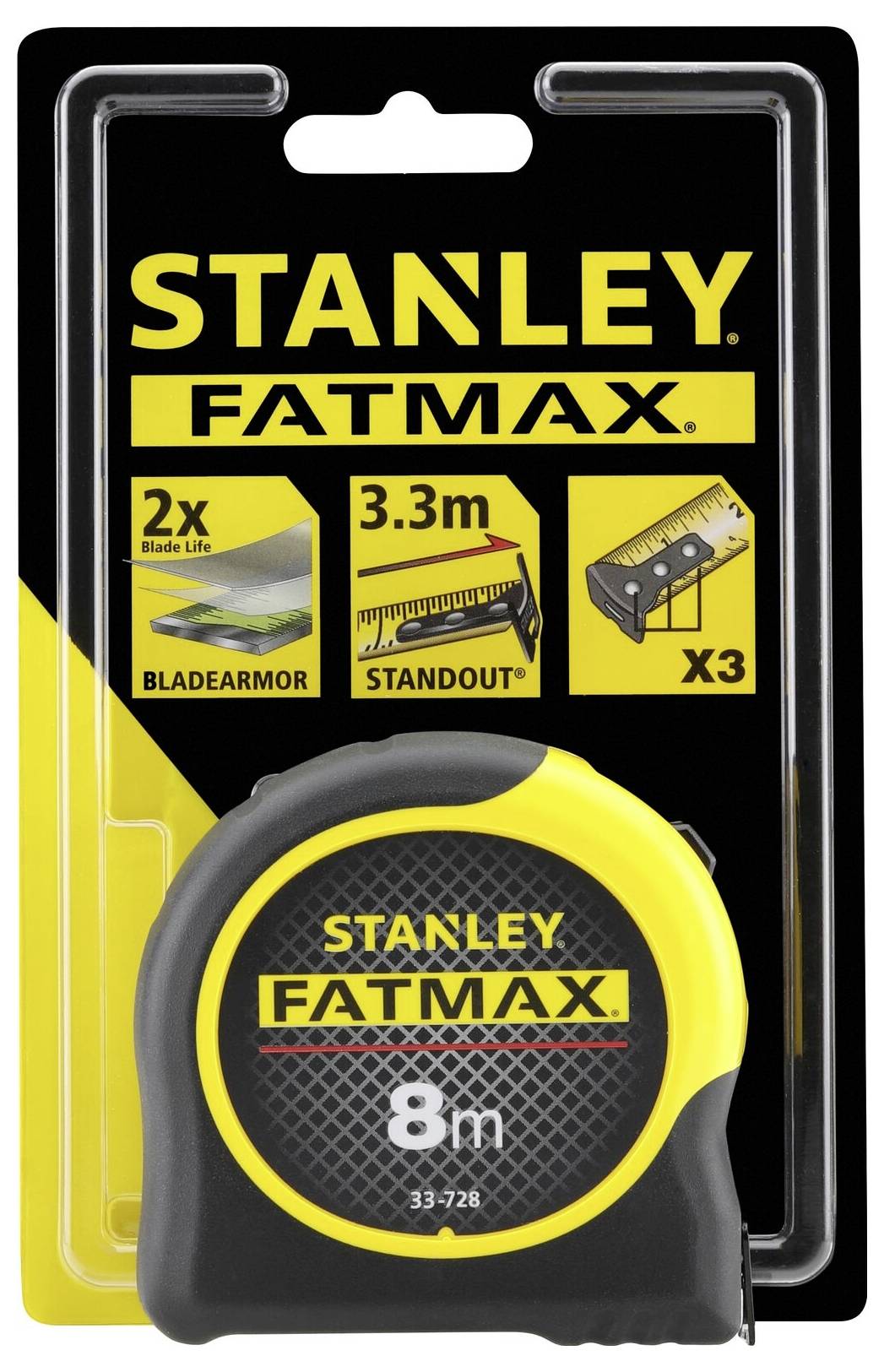 'Stanley Fatmax' Maßband in Verpackung, 8 m Länge. Text auf Verpackung: '2x Blade Life', '3.3 m Standout', 'X3'.