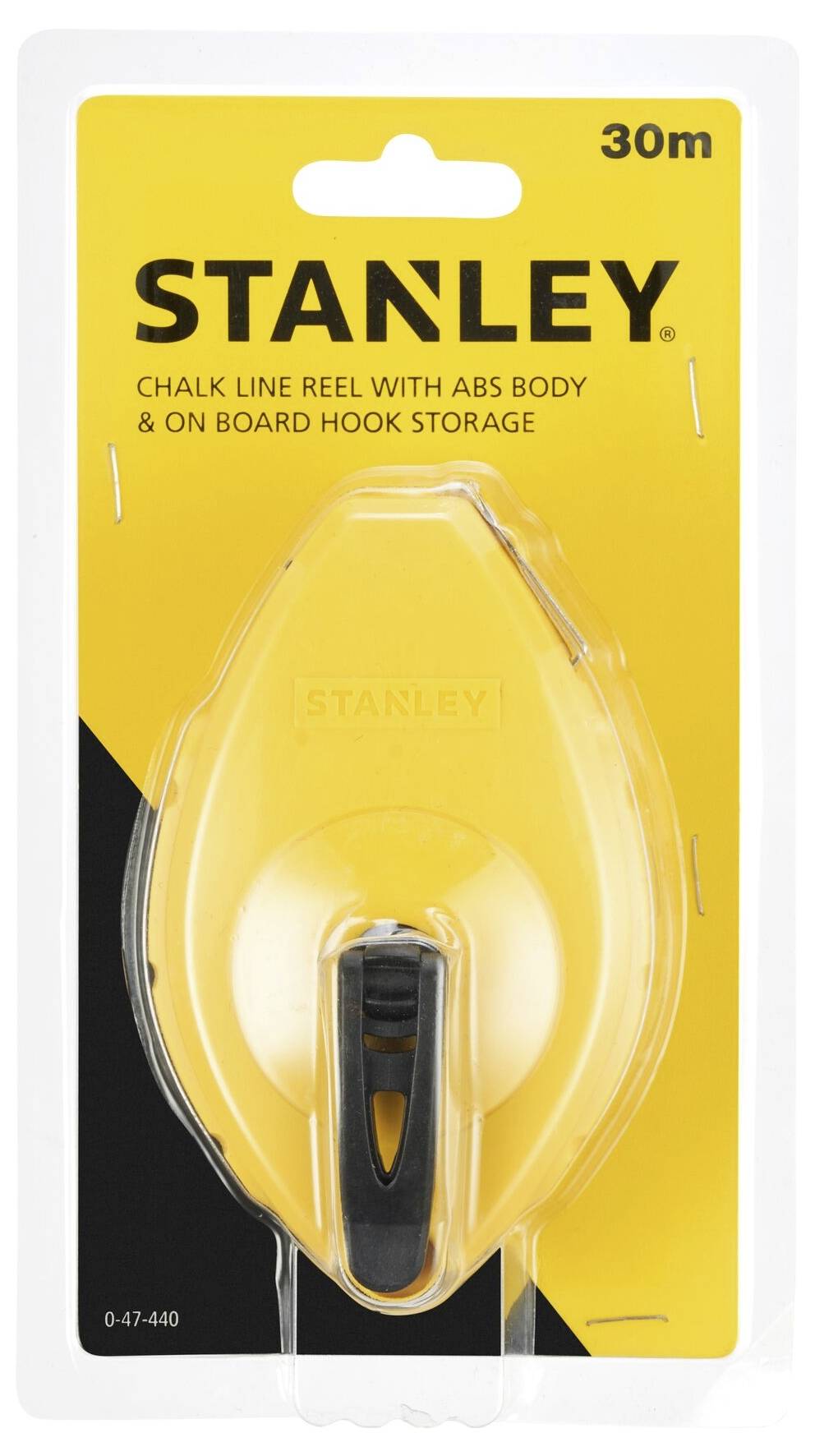 Verpackung eines Stanley-Schlagschnurgeräts, 30 m Länge, gelbes Gehäuse, in wiederverschließbarer Kunststoffverpackung.