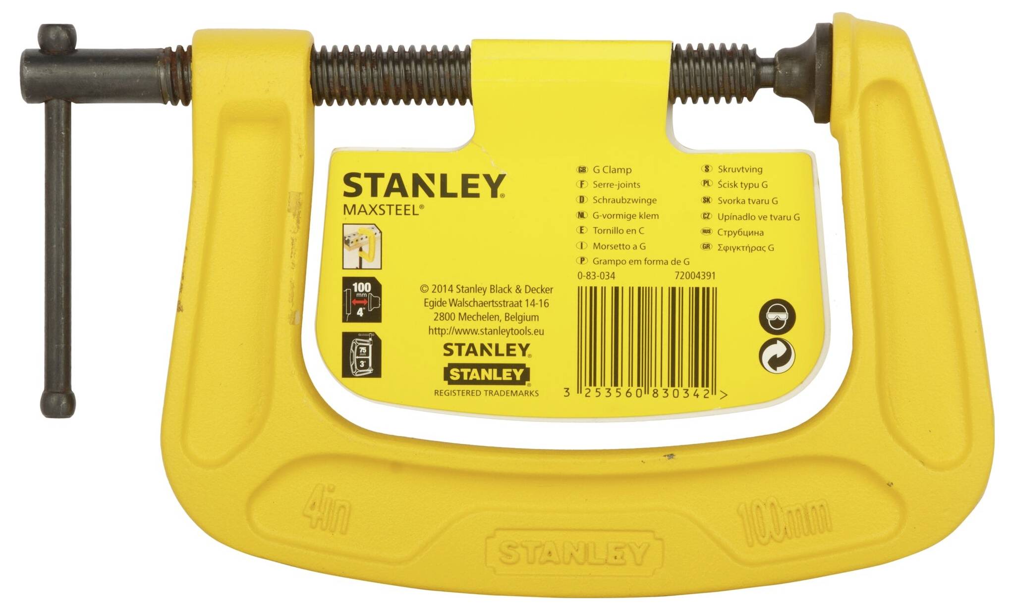 Eine gelbe Schraubzwinge von Stanley. Auf dem Etikett stehen Produktinformationen und eine Skizze der Zwinge mit Maßen.