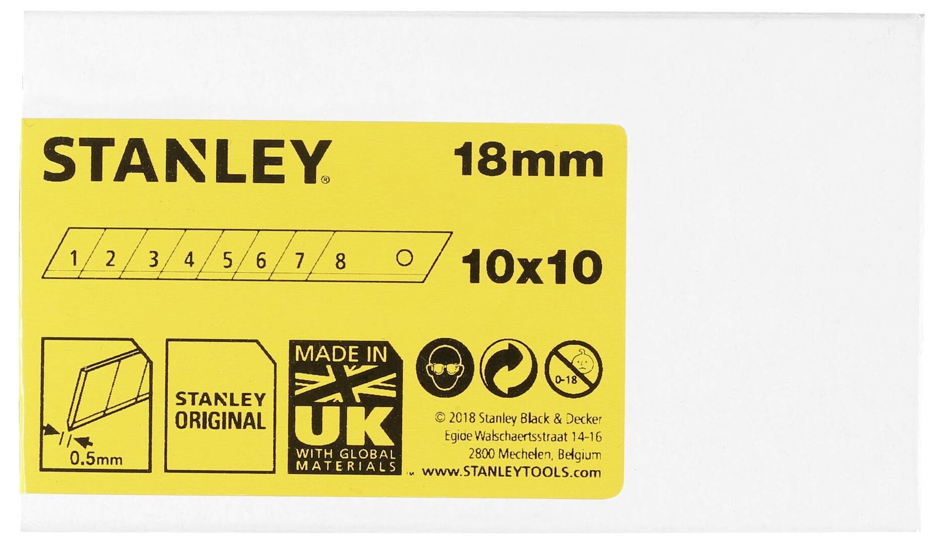 'STANLEY' Cutterklingenpackung, 18mm. Enthält 10 Klingen mit Abbrechfunktion. Hergestellt in UK mit globalen Materialien.