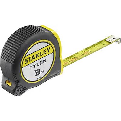 Ein Stahlmaßstab mit schwarzem und gelbem Gehäuse mit der Bezeichnung „Stanley Tylon 3m", wobei das Messbad teilweise ausgefahren ist.