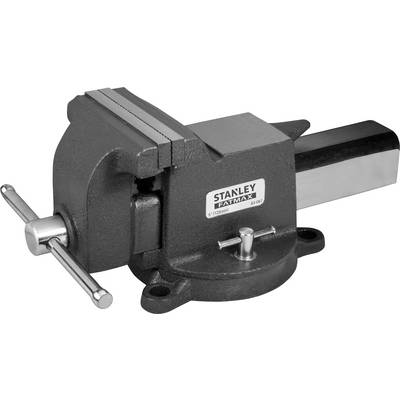Ein schwarzer Schraubstock aus Metall mit der Aufschrift 'Stanley Fatmax'. Er hat eine drehbare Basis und eine silberne Spannschraube.