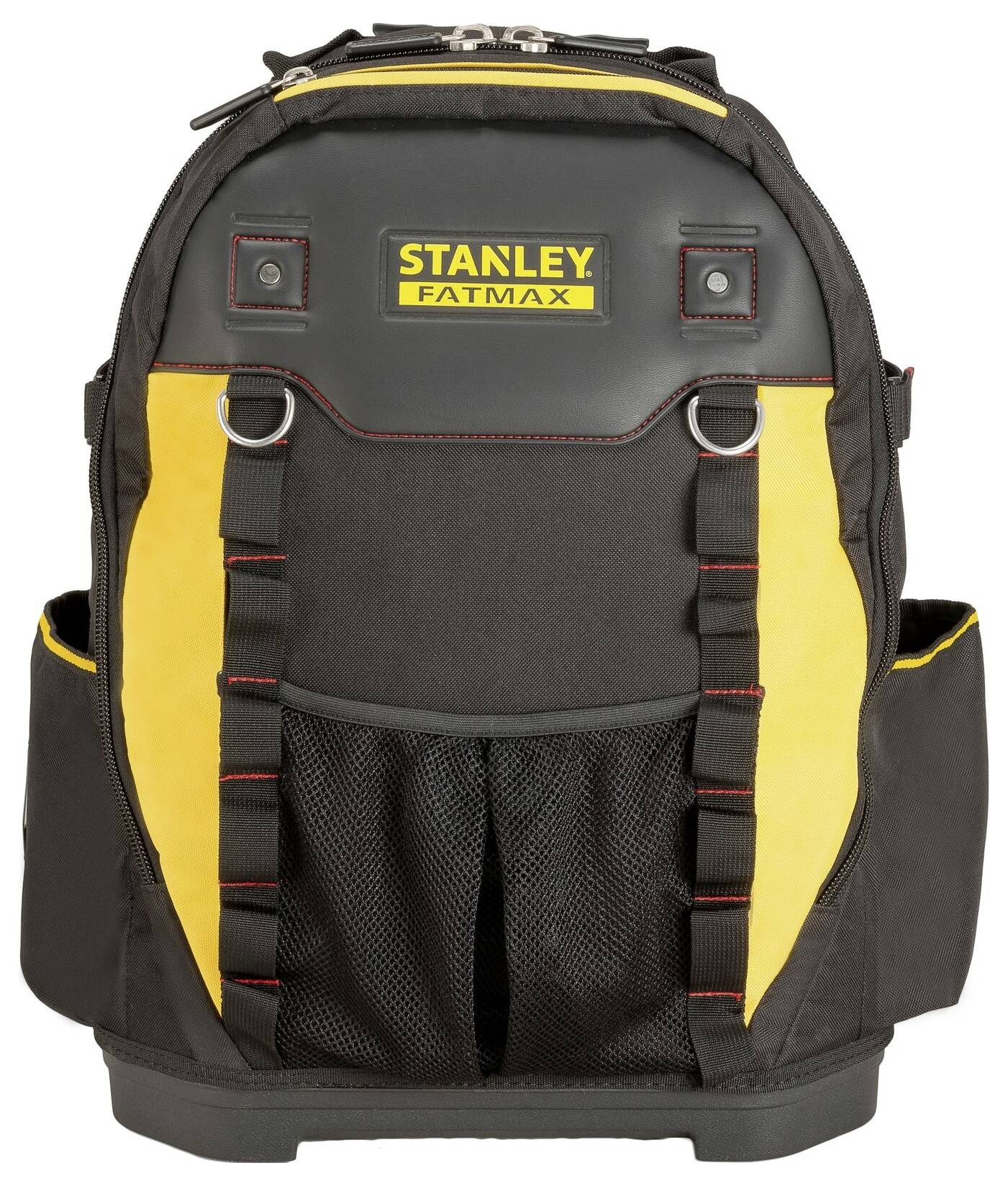 Schwarzer Rucksack mit gelben Details, Aufschrift 'Stanley Fatmax' vorne, elastische Netztasche und robuste Reißverschlüsse.