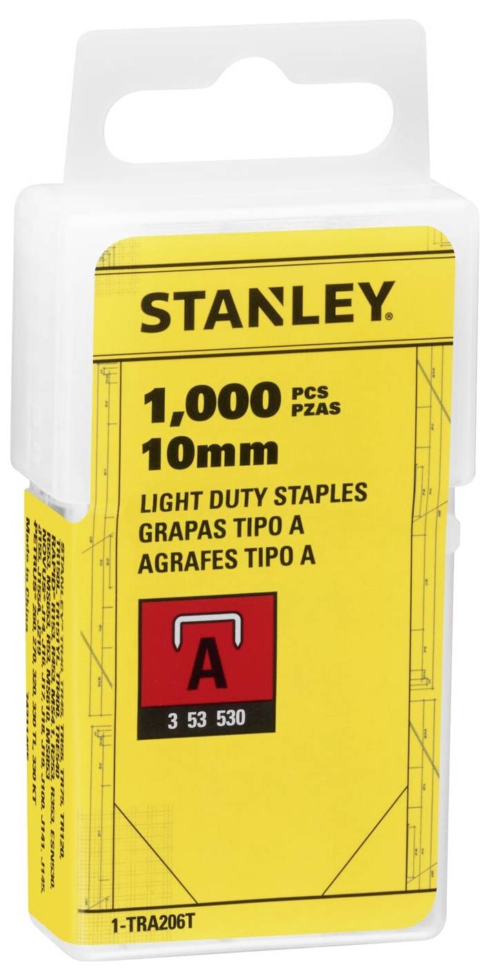 Verpackung für 'Stanley' 1.000 leichte Klammern, Typ A, 10 mm. Enthält Text in Englisch, Spanisch und Portugiesisch.