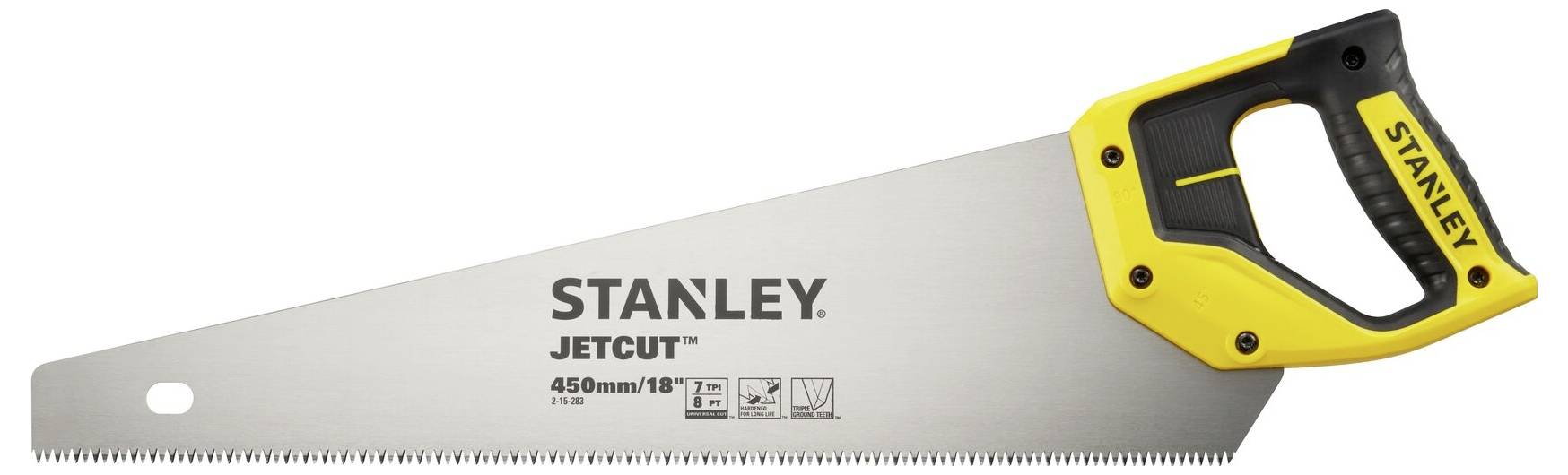 Eine Handsäge der Marke Stanley mit gelbem und schwarzem Griff, Modell JetCut, Länge 450 mm.