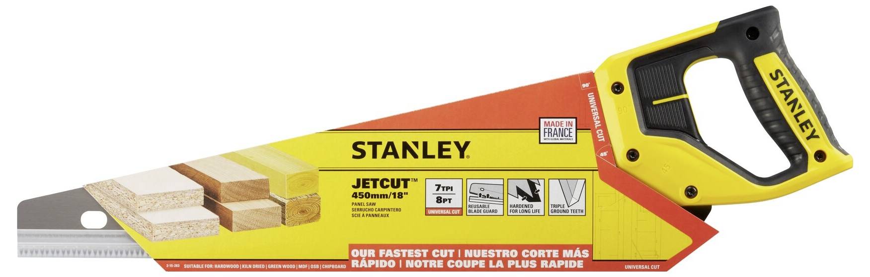 Handsägenverpackung von Stanley; beworben als 'unser schnellster Schnitt'. Verpackung zeigt verschiedene Materialien, die gesägt werden können.