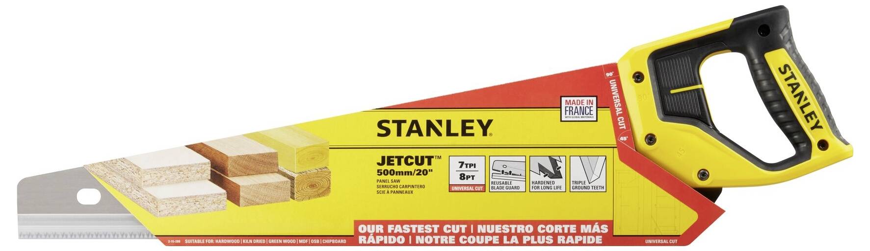 Handsäge von Stanley, Modell 'JetCut', 500 mm. Verpackung zeigt Anwendungsbeispiele für Holzschnitt.